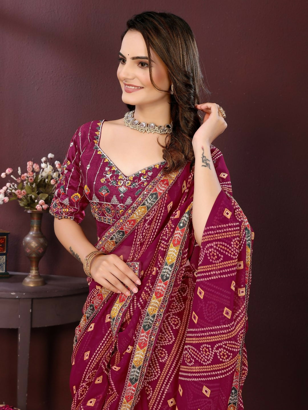 Ai Fashion Wine Georgette Digital Print Party Wear Saree
