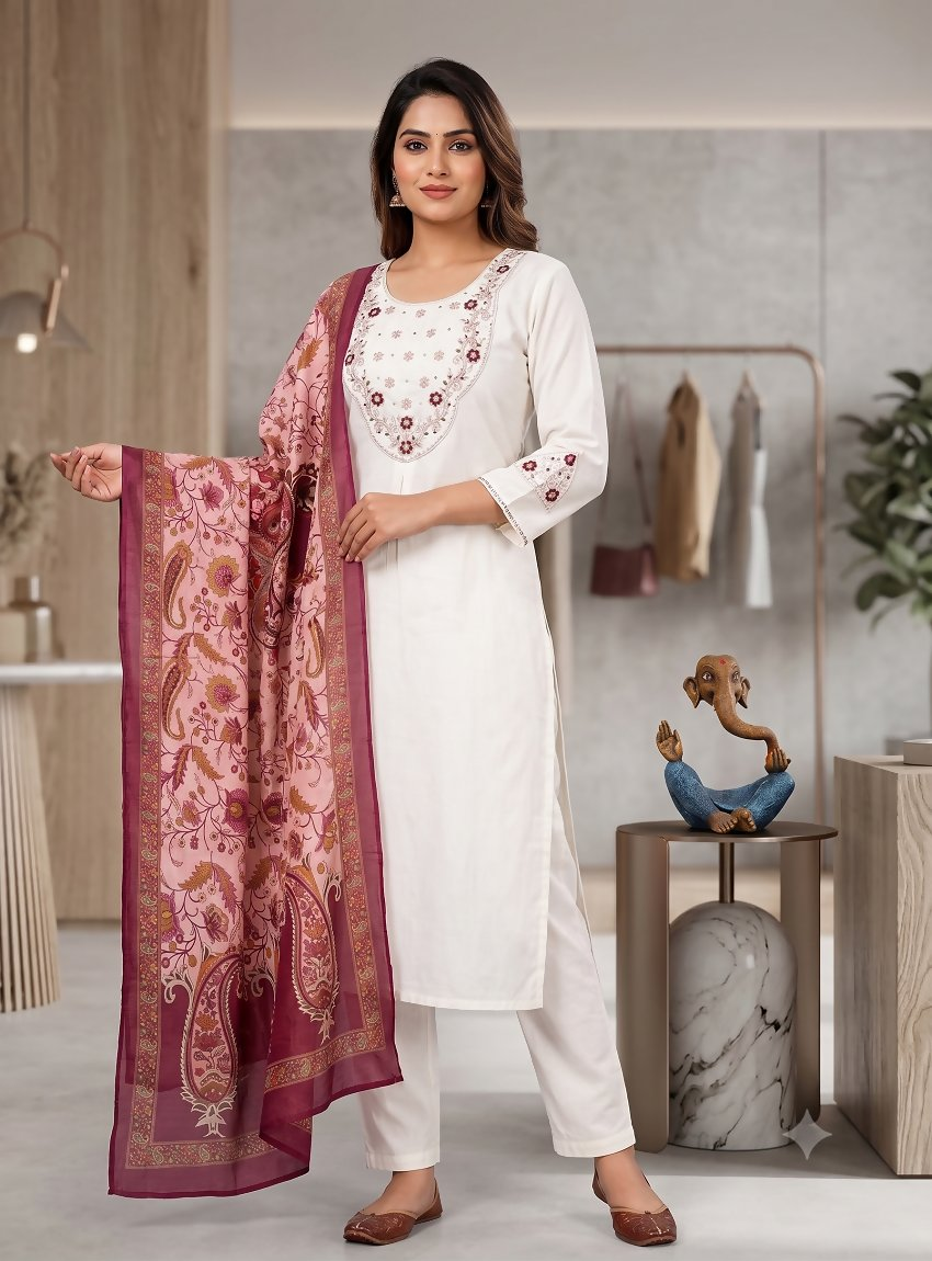 Teeya Creation Women White Embroidered Kurta Pant Set With Dupatta - Dista
