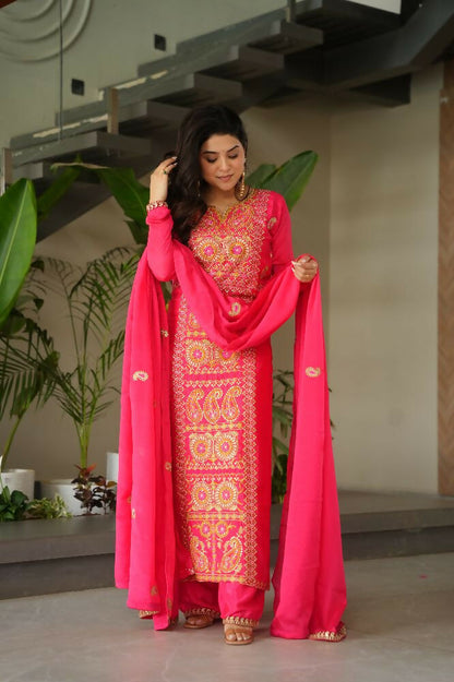 Joban Fashion Gajri Kurta Set Silk Sequins , Zari, Coding & Thread Embroidered work - Distacart