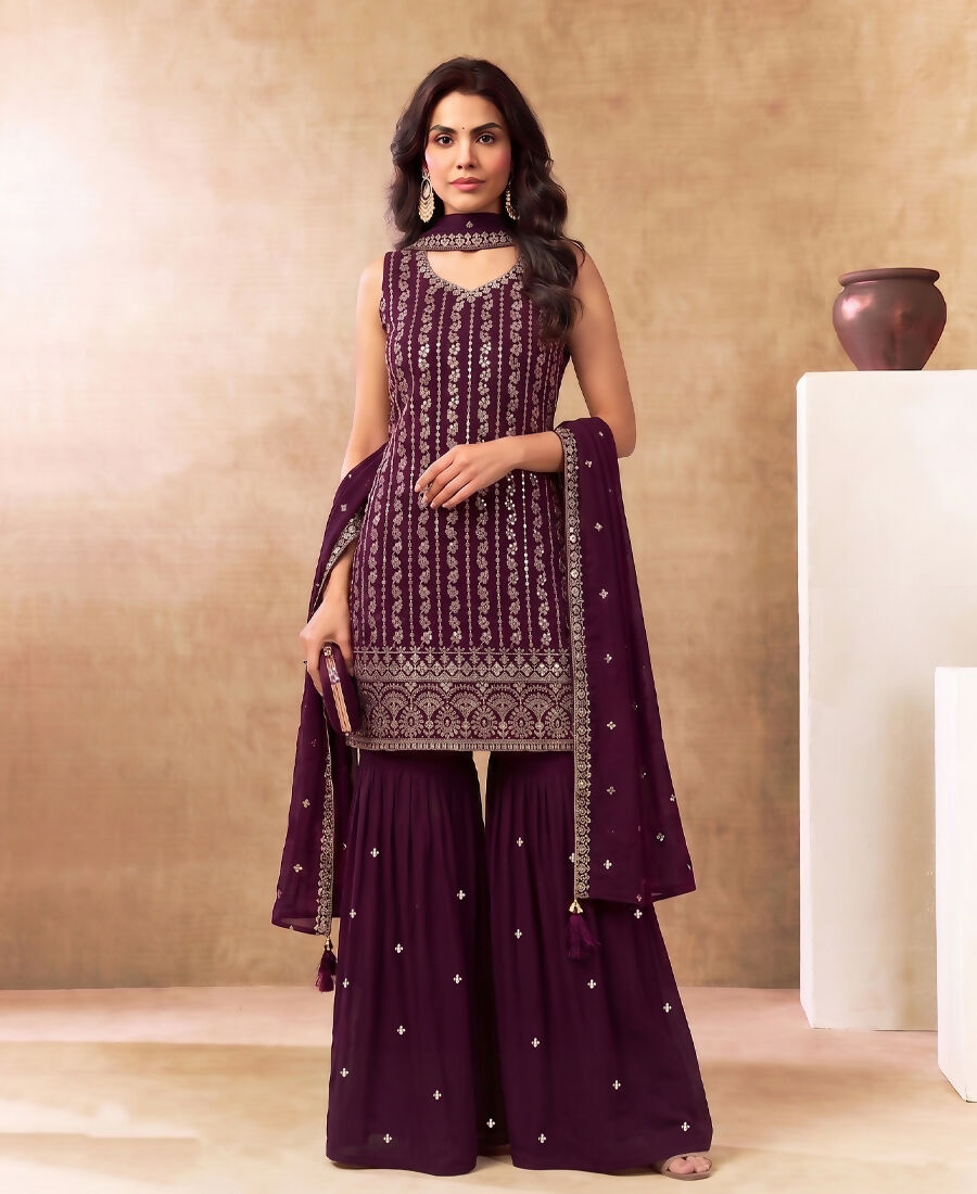 KC Latest Cocktail Wear Wine Chinon Sharara Suit For Women - Dista
