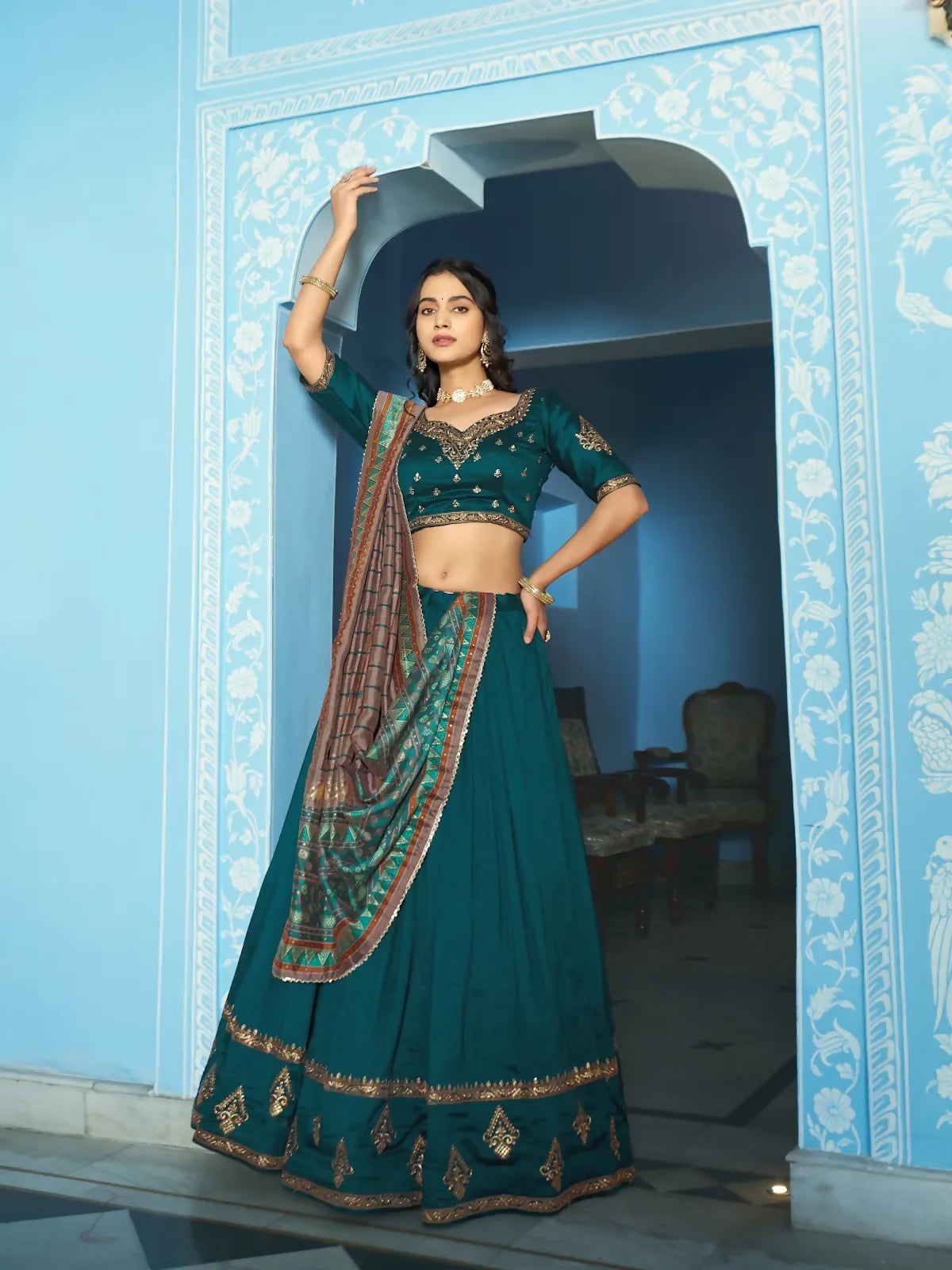 Looknbook Art Women Vichitra Silk Sequins & Thread Work Embroidered Lehenga Choli-Teal