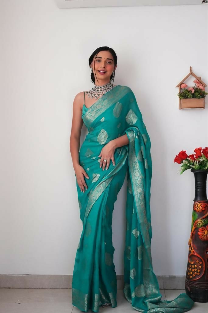 Malishka Cotton Silk Jacquard Ready To Wear Saree With Blouse Piece - Rama - Distacart