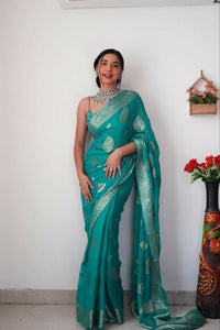 Thumbnail for Malishka Cotton Silk Jacquard Ready To Wear Saree With Blouse Piece - Rama - Distacart