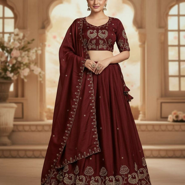 Teeya Creation New Womens Beautiful Fully Stitched Designer Lehenga Choli With Embroidered Dupatta - Maroon - Dista