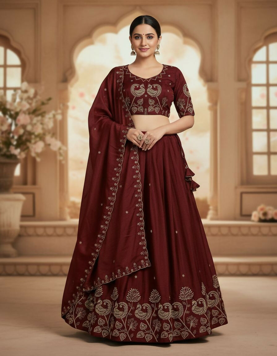 Teeya Creation New Womens Beautiful Fully Stitched Designer Lehenga Choli With Embroidered Dupatta - Maroon - Dista