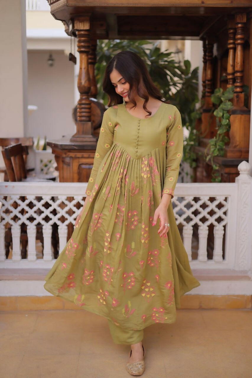 Teeya Creation Womens New Fancy Mul Chanderi With Embroidered Work Gown Set - Dista