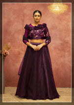 Thumbnail for Wine Satin Silk Semi-Stitched Bridal Lahenga - Nimaya Bonanza - Distacart