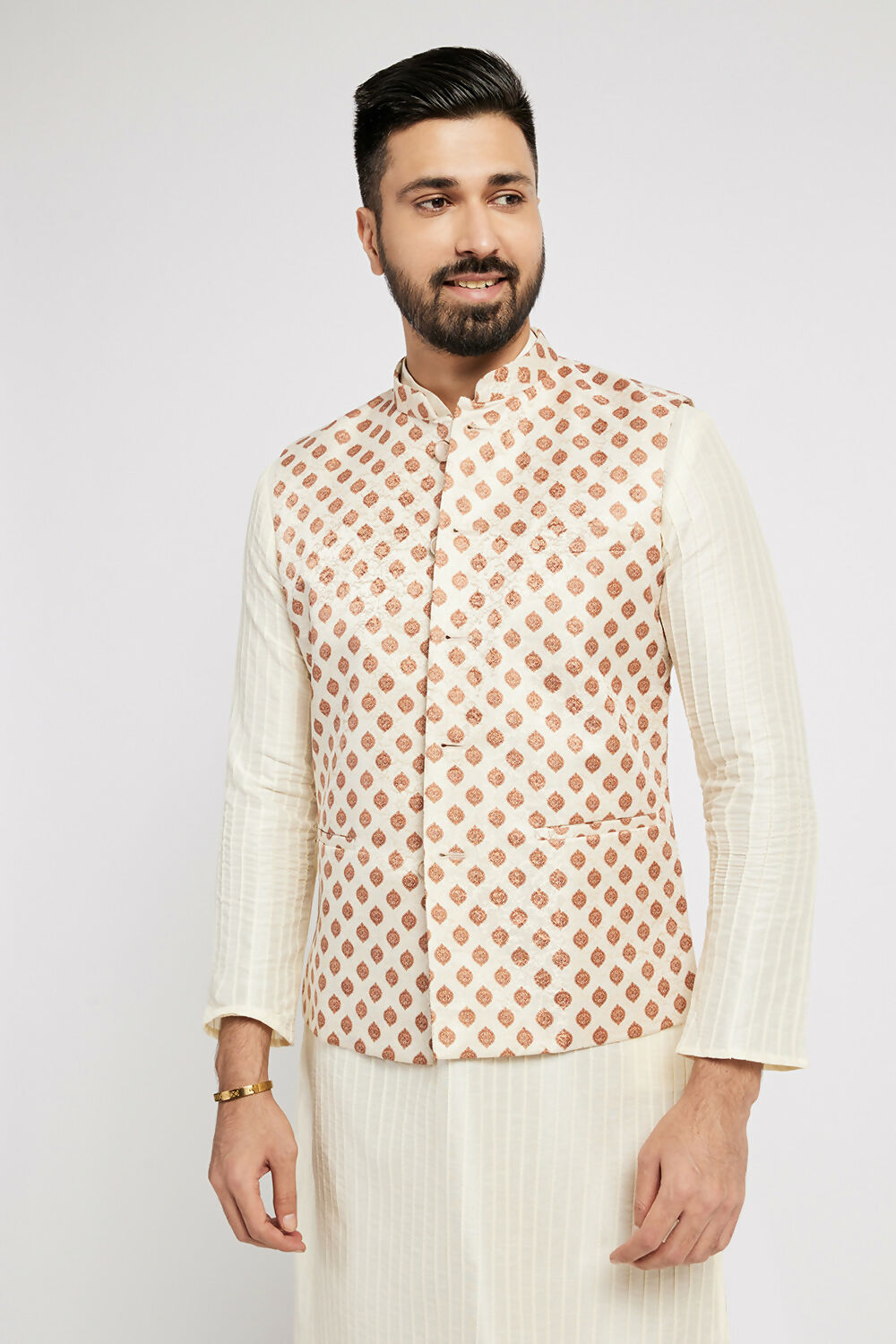 Ethnic India Cream Bundi Men's Jacket Geometric Polyester - Distacart