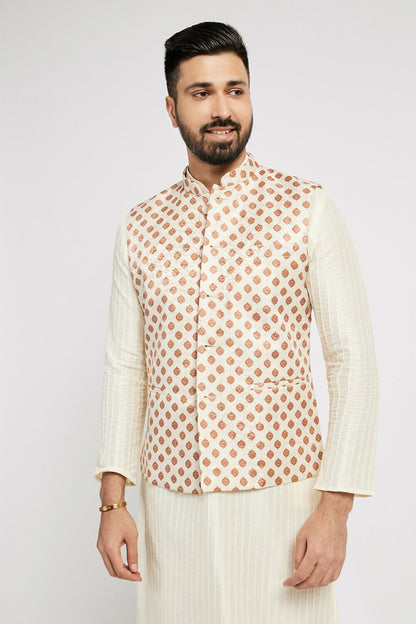 Ethnic India Cream Bundi Men's Jacket Geometric Polyester - Distacart
