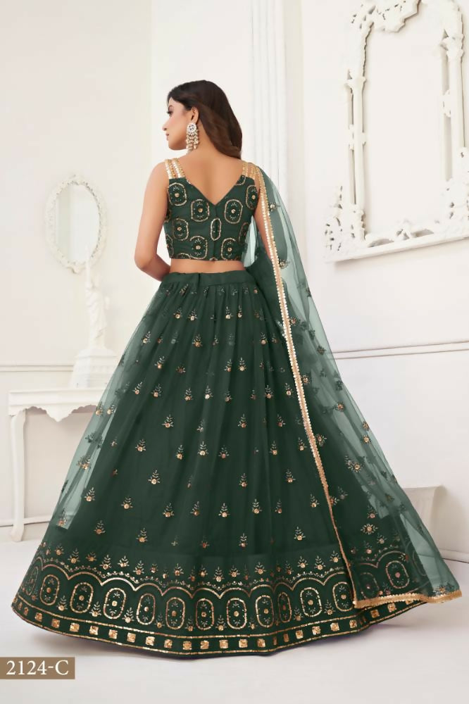 Aastha Fashion Dark Green Butterfly Net Tone To Tone Thread Work And Sandwich Sequence Work Embroidery Wedding Wear Lehenga Choli - Distacart