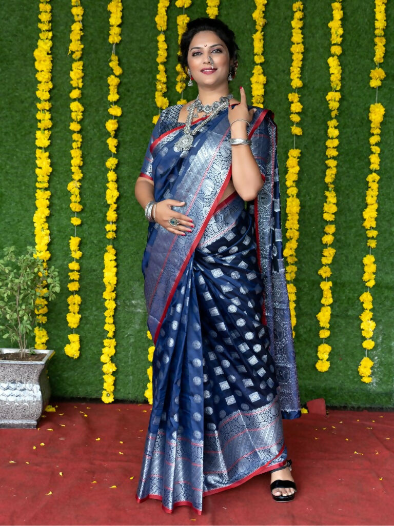 Jyoti Fashion Women's Navy Blue Soft Handloom Silk Zari Woven Saree with Blouse - Distacart