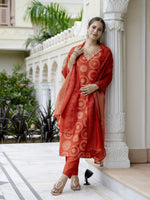 Thumbnail for The52 Orange Women's Gorgeous Rayon Embroidered Straight Kurta with Pant And Dupatta Set - Distacart