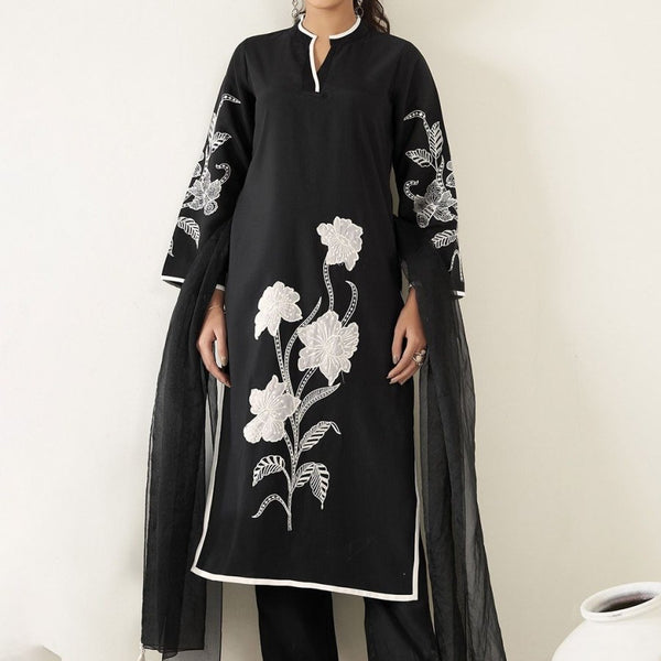 Anouk Floral Embroidered Regular Chanderi Silk Straight Kurta with Trousers & Dupatta - Distacart