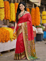 Thumbnail for Shree Shyam Fashion Red Pochampally Silk Saree - Distacart