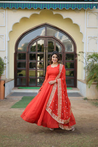 Thumbnail for Aastha Fashion Women's Orange Russian Silk Kali Pattern Work in Flair Anarkali Dress with Dupatta - Distacart