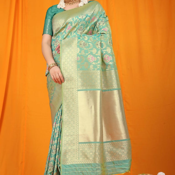 Jyoti Fashion Women's Sea Green Kanjivaram Silk Zari Woven Saree with Blouse - Distacart