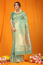 Thumbnail for Jyoti Fashion Women's Sea Green Kanjivaram Silk Zari Woven Saree with Blouse - Distacart