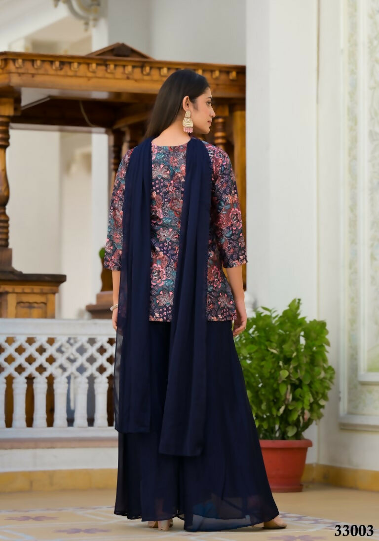 Designer Stylish Navy Blue Dull satin Stitched Suit With Dupatta - Samya - Distacart
