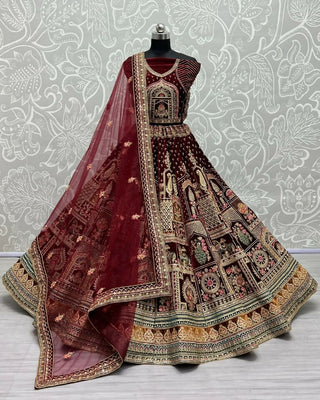 Jyoti Fashion Women's Maroon Velvet Fancy Dori & Sequins with Multi Thread Embroidered with Diamond Work Wedding Lehenga Choli - Distacart