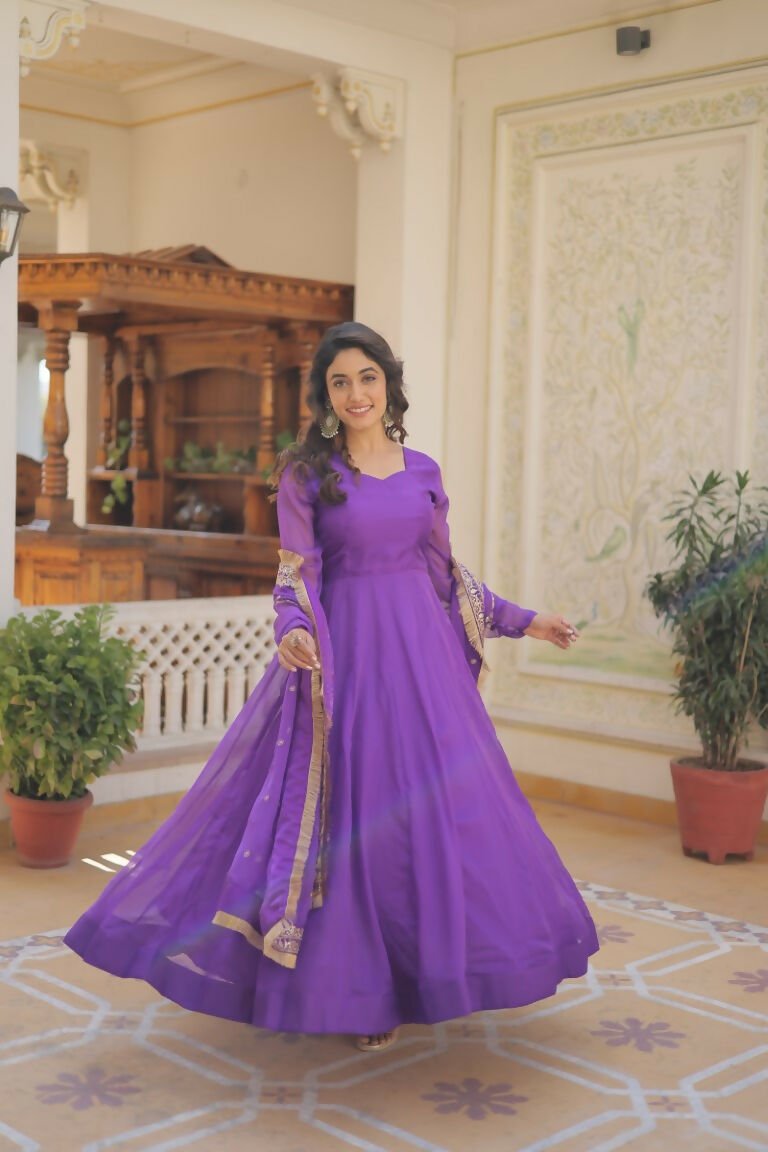Aastha Fashion Women's Purple Russian Silk Kali Pattern Work in Flair Anarkali Dress with Dupatta - Distacart