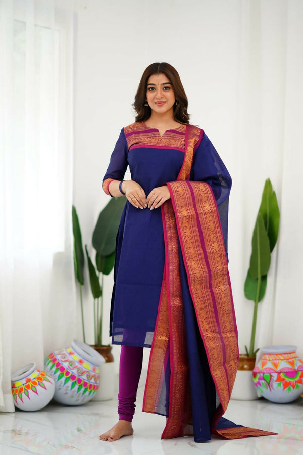 Divine Drape Women's Cotton Printed Straight Kurta With Dupatta - Blue
