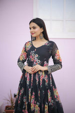 Thumbnail for Jyoti Fashion Women's Black Digital Print with Sequence Zari Embroidered Faux Georgette Anarkali Dress - Distacart