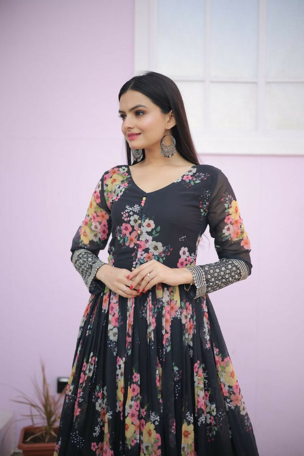 Jyoti Fashion Women's Black Digital Print with Sequence Zari Embroidered Faux Georgette Anarkali Dress - Distacart