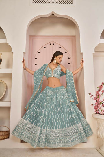 Aastha Fashion Ocean Blue Butterfly Net White Cotton Thread Work, Zari Work And Sandwich Sequence Work Embroidery Wedding Wear Lehenga Choli - Distacart