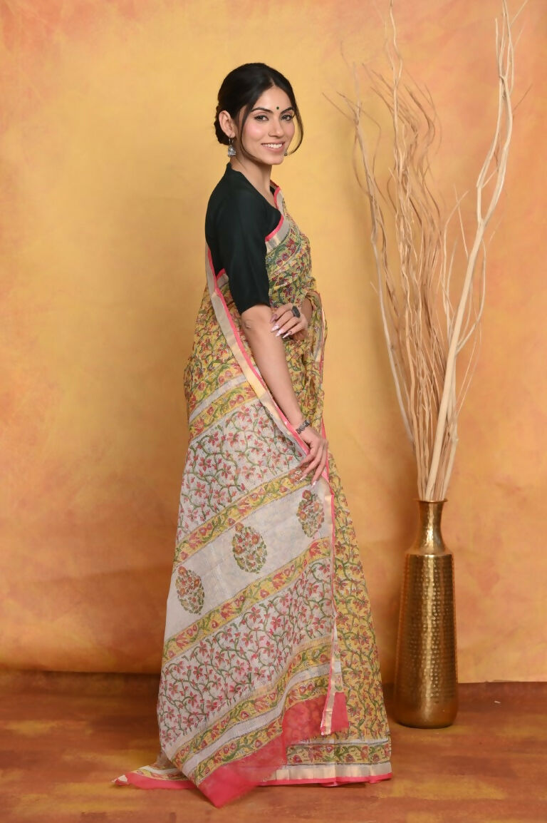 Very Much Indian Pure Kota Cotton Handblock Printed Saree - Yellow - Distacart