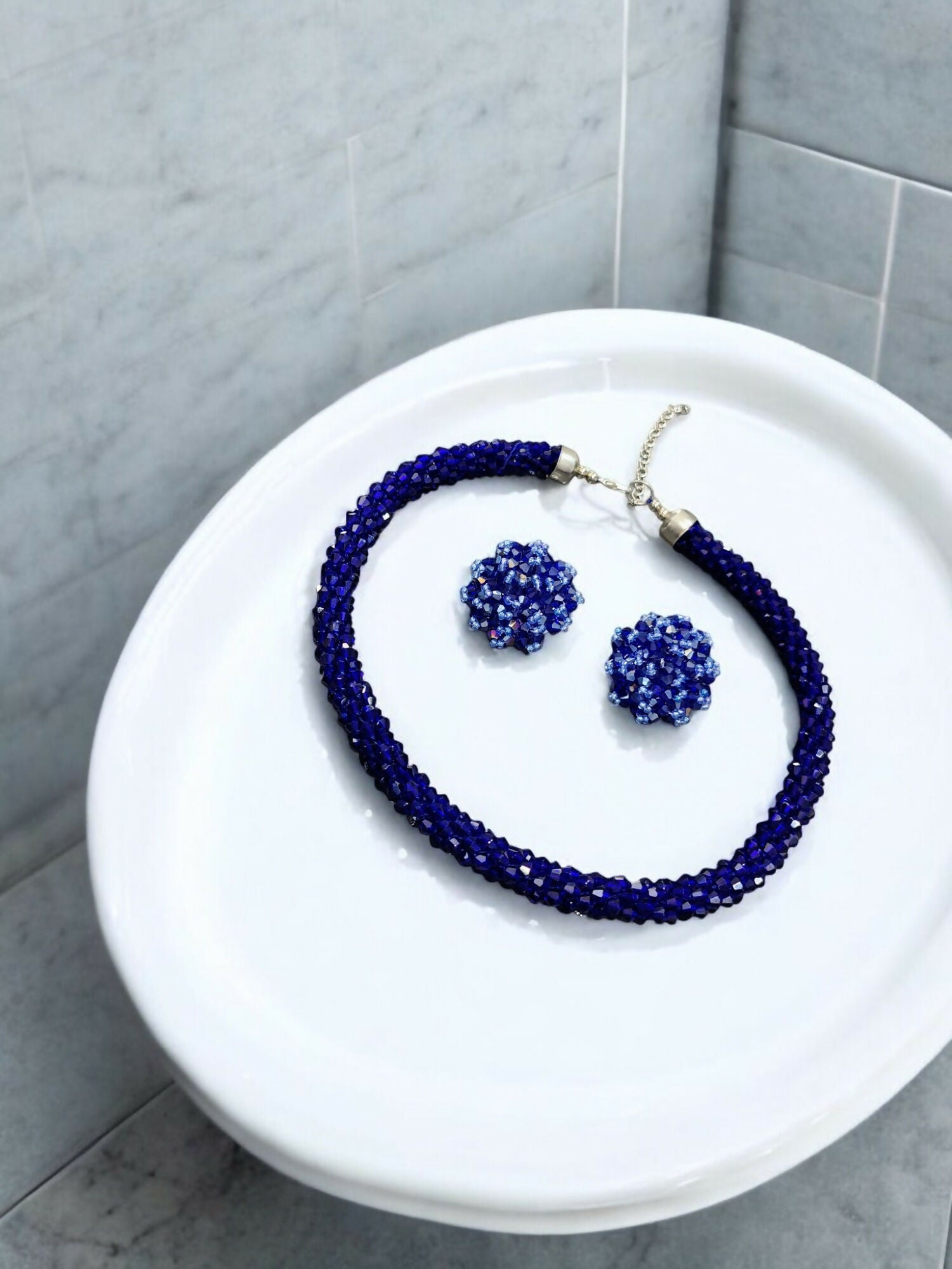Inhanns Noor-E-Jalwa – Handmade Crystal Bead Necklace / Necklace With Earrings -Adjustable - Blue - Distacart