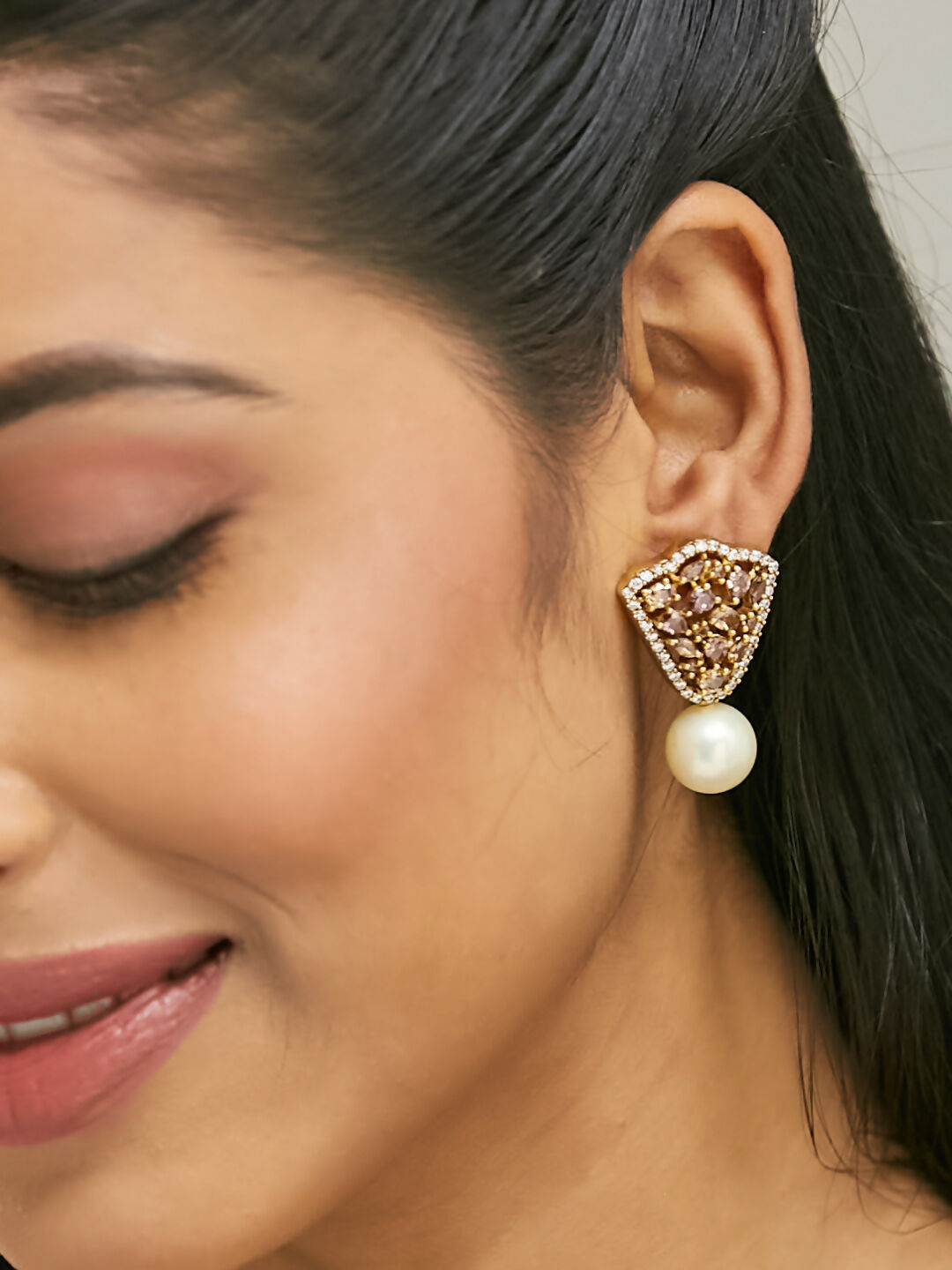 Nuyug 22K Gold-Plated Elegant Zircon Stone Studded & Pearls Drop Stud Earrings