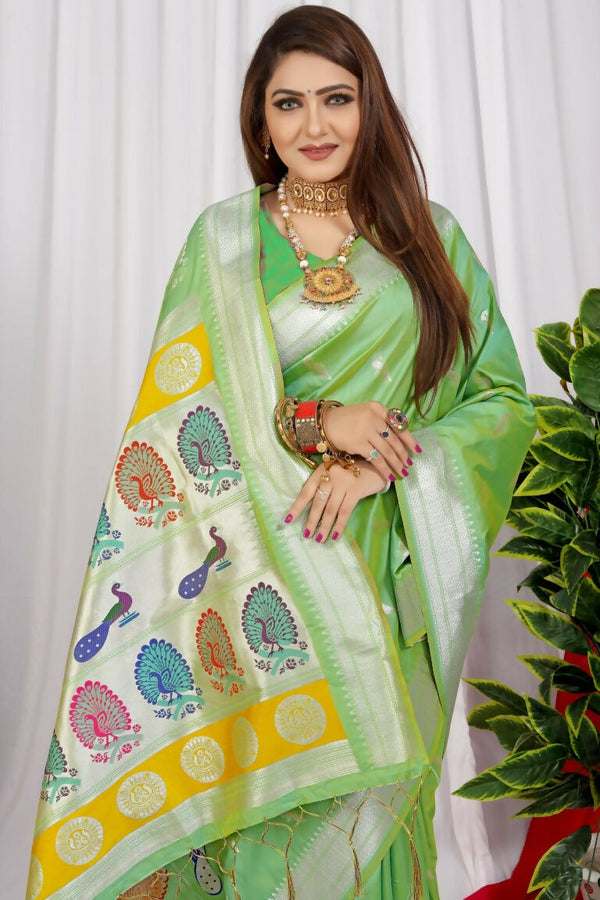 Jyoti Fashion Women's Sea Green Paithani Silk Zari Woven Saree with Blouse - Distacart