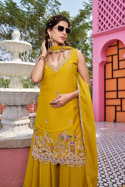 Teeya Creation Womens New Stylish Moti Beads With Cording Sequence Thread Embroidery Work Yellow Kurta Set - Dista