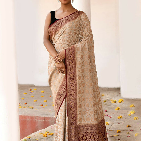 Joban Fashion Crème Crepe Chiffon Pure Handloom Banarasi Silk Saree - Dista