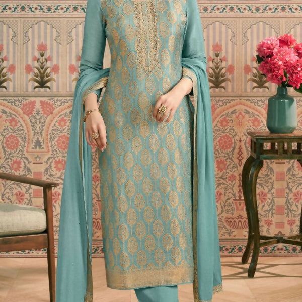 Anaita Sky Blue Viscose Lotus Shimmer Stitched Suit with Jacquard Work - Distacart