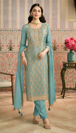 Thumbnail for Anaita Sky Blue Viscose Lotus Shimmer Stitched Suit with Jacquard Work - Distacart