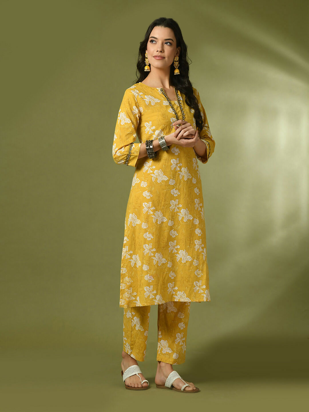 Myshka Women's Yellow Printed Cotton Straight Party Kurta Set - Distacart