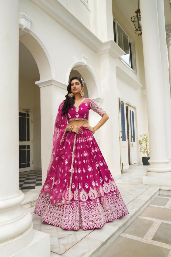 Aastha Fashion Dark Pink Butterfly Net White Cotton Thread Work And Sequence Work Embroidery Wedding Wear Lehenga Choli - Distacart