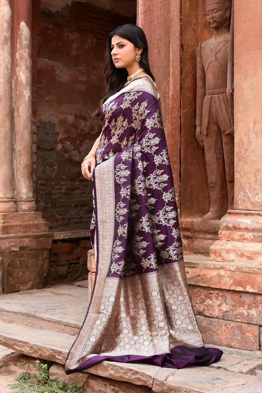 Joban Fashion Purple Pure Katan Pure Handloom Banarasi Silk Saree