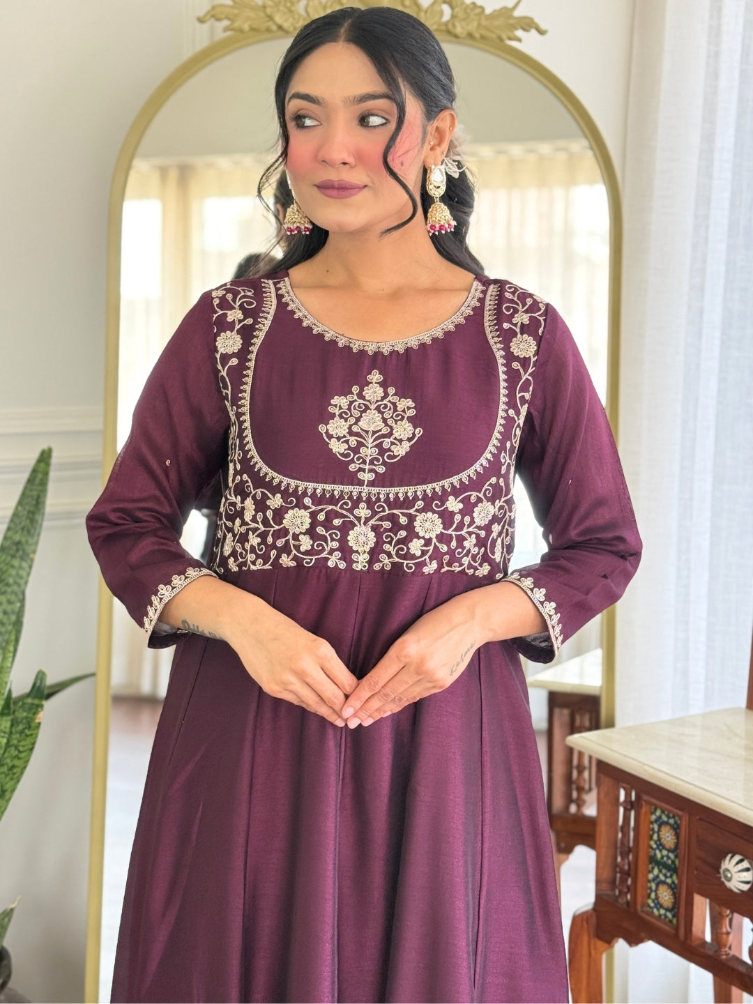 The52 Women Beautiful Vichitra Silk Fabric Flared Kurta, Pant and Dupatta Set