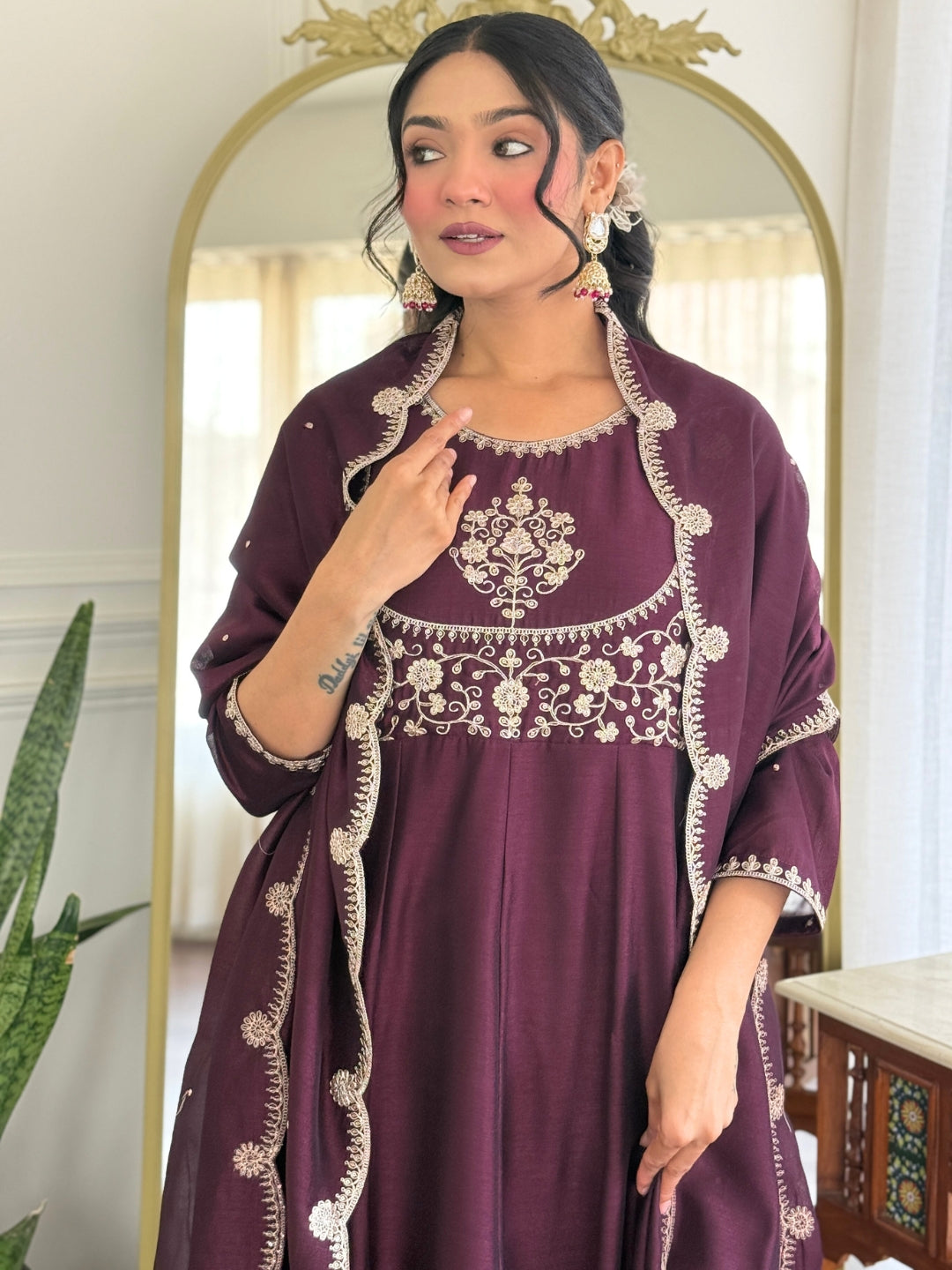 The52 Women Beautiful Vichitra Silk Fabric Flared Kurta, Pant and Dupatta Set