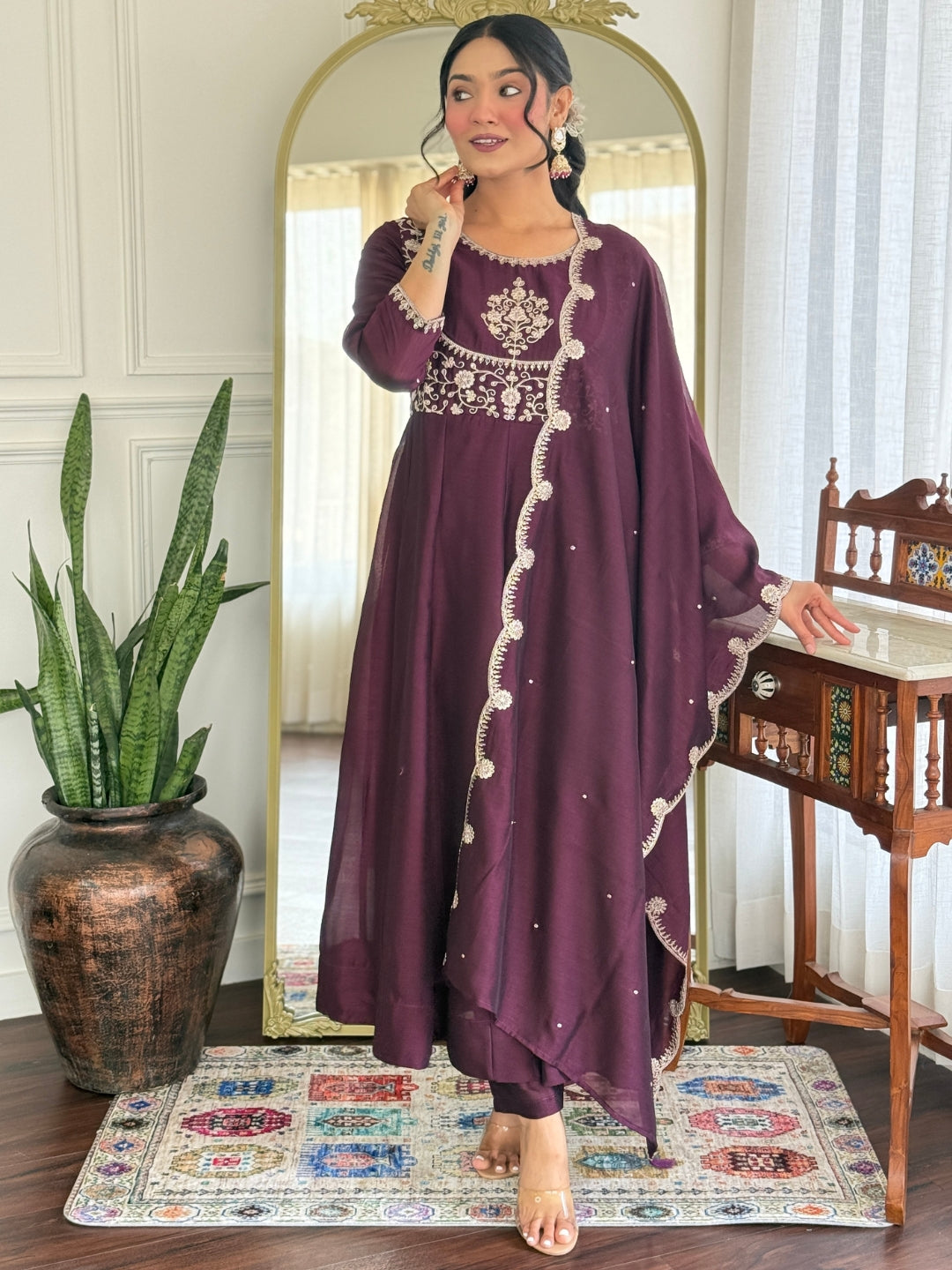 The52 Women Beautiful Vichitra Silk Fabric Flared Kurta, Pant and Dupatta Set