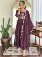Thumbnail for The52 Women Beautiful Vichitra Silk Fabric Flared Kurta, Pant and Dupatta Set