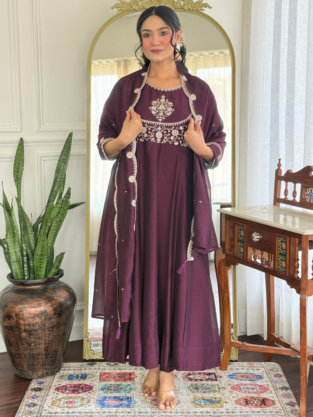 The52 Women Beautiful Vichitra Silk Fabric Flared Kurta, Pant and Dupatta Set