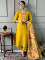 Thumbnail for The52 Women's Mustard Chanderi Embroidered Straight Kurta, Pant and Dupatta Set