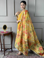 Thumbnail for The52 Women's Mustard Chanderi Embroidered Straight Kurta, Pant and Dupatta Set