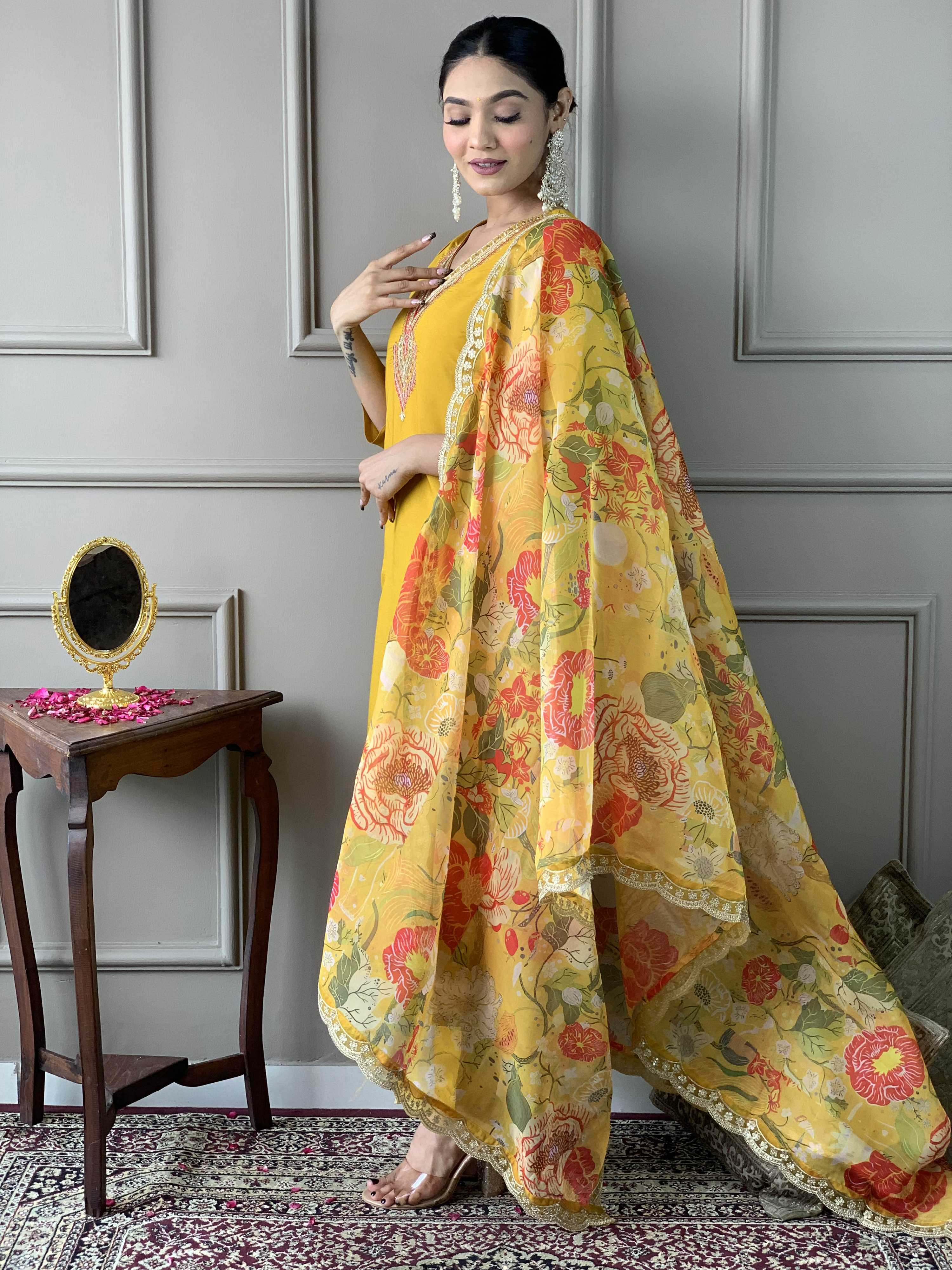 The52 Women's Mustard Chanderi Embroidered Straight Kurta, Pant and Dupatta Set