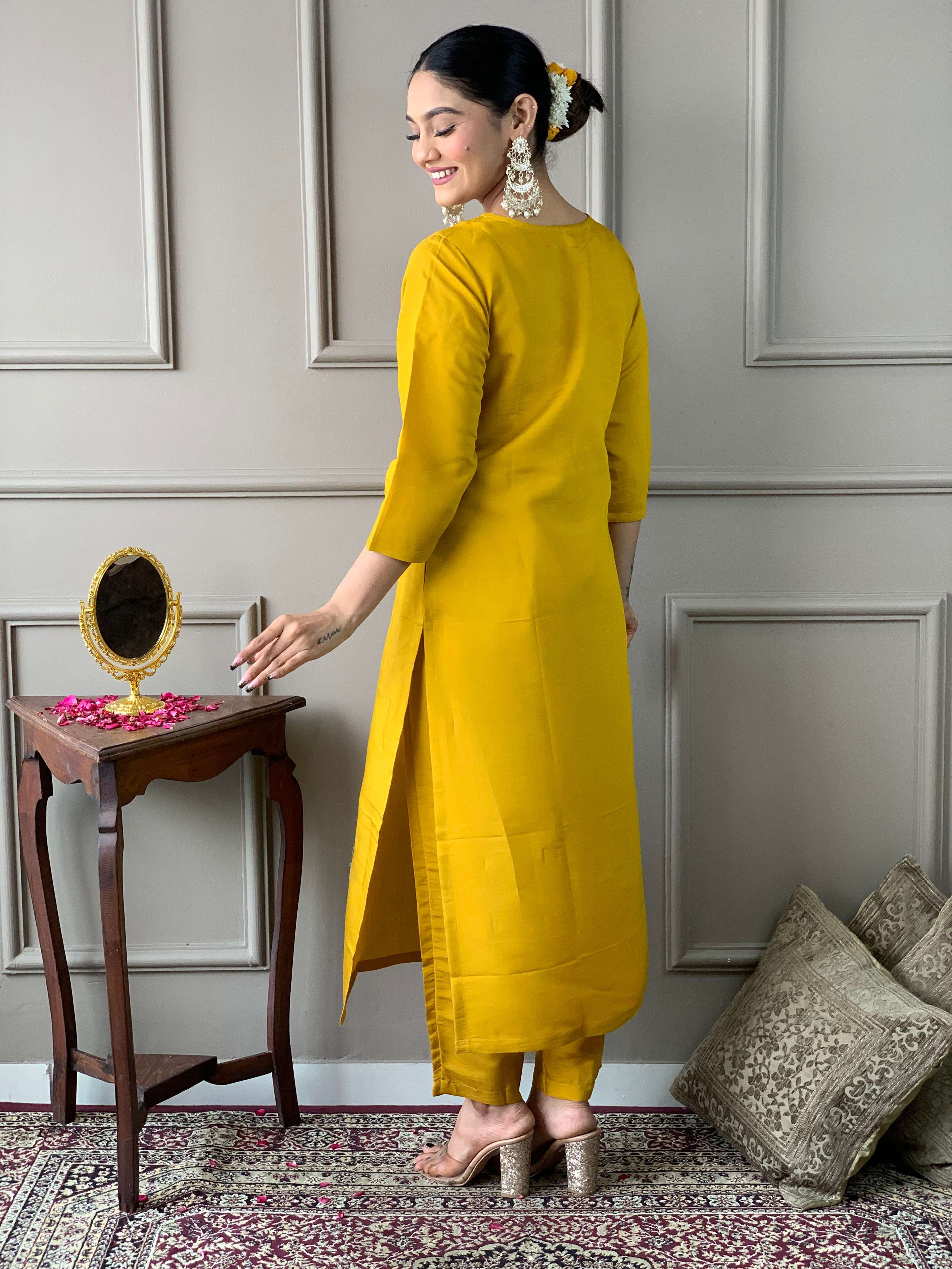 The52 Women's Mustard Chanderi Embroidered Straight Kurta, Pant and Dupatta Set