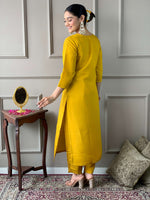 Thumbnail for The52 Women's Mustard Chanderi Embroidered Straight Kurta, Pant and Dupatta Set