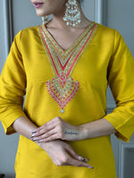 Thumbnail for The52 Women's Mustard Chanderi Embroidered Straight Kurta, Pant and Dupatta Set